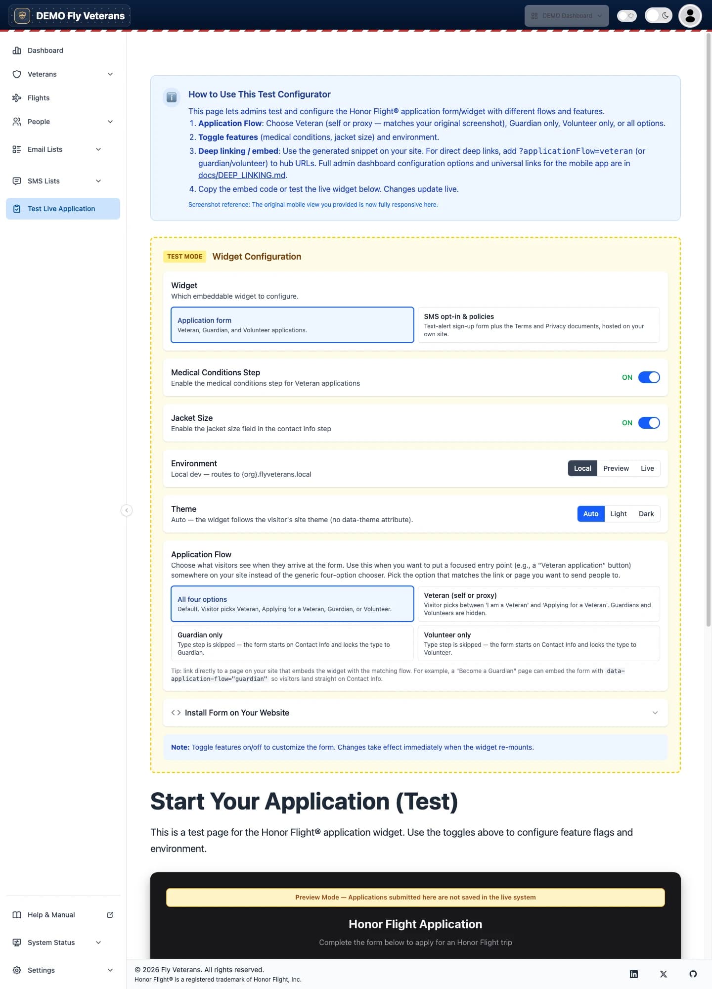 The Test Live Application page with widget configuration options and a live preview of the embedded form