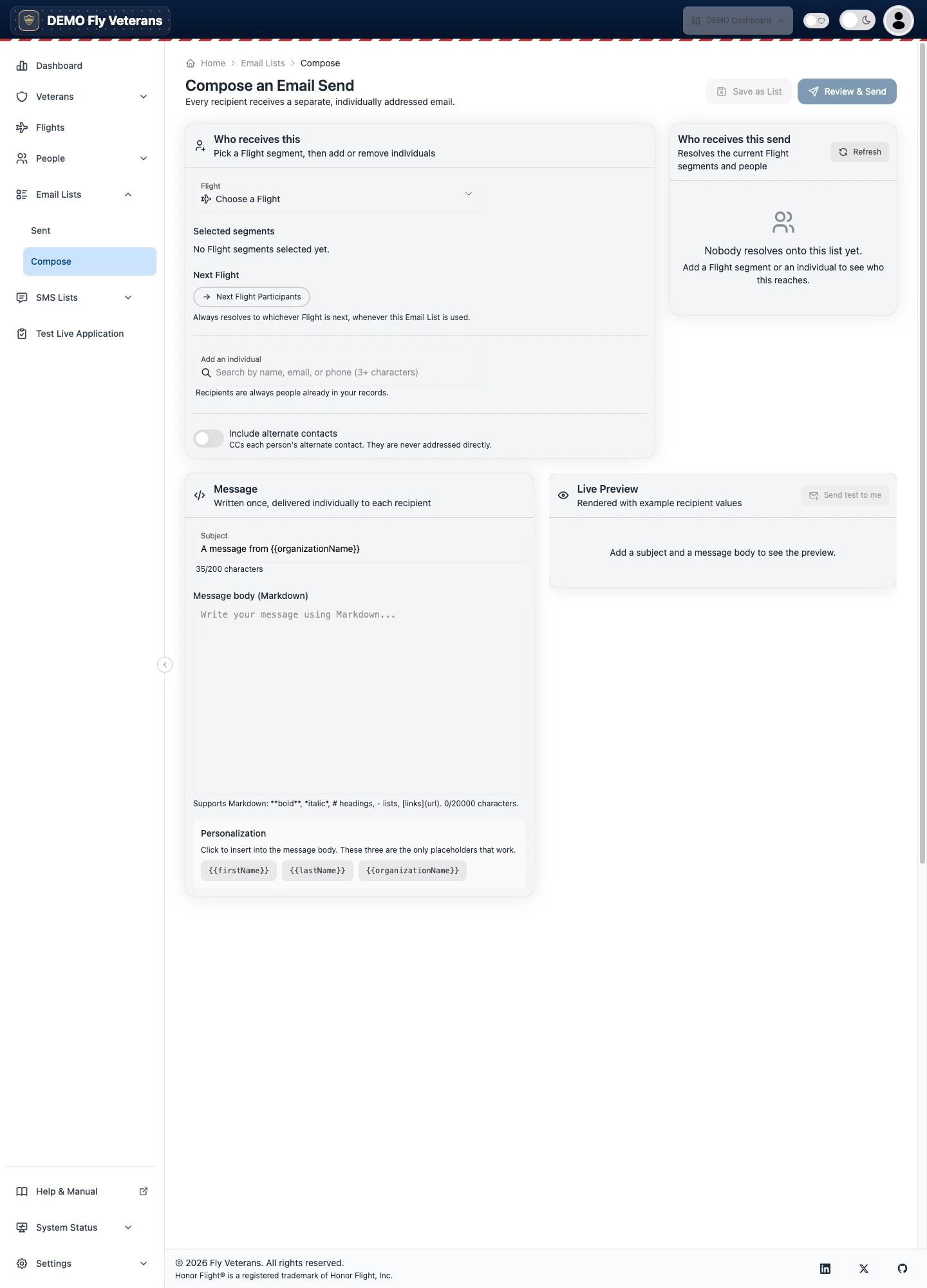The email composer with recipient selection, subject, message editor, and review step