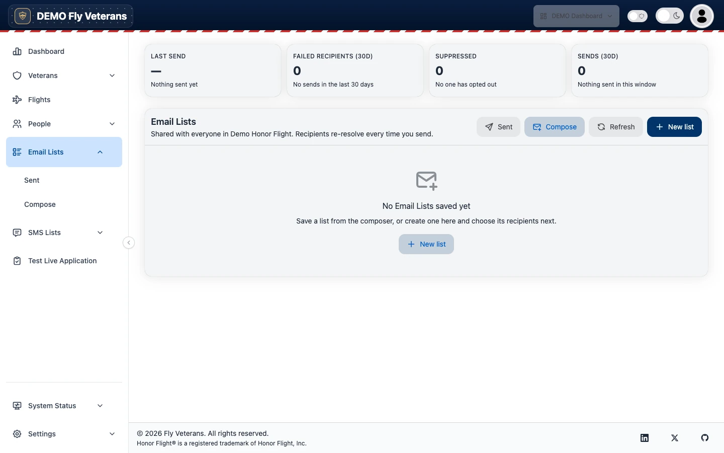 The Email Lists page with send statistics cards and an empty saved-lists panel