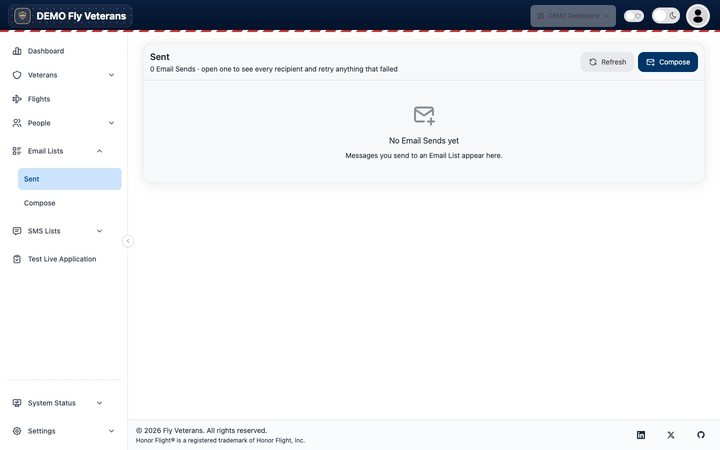 The Sent page listing email sends newest first