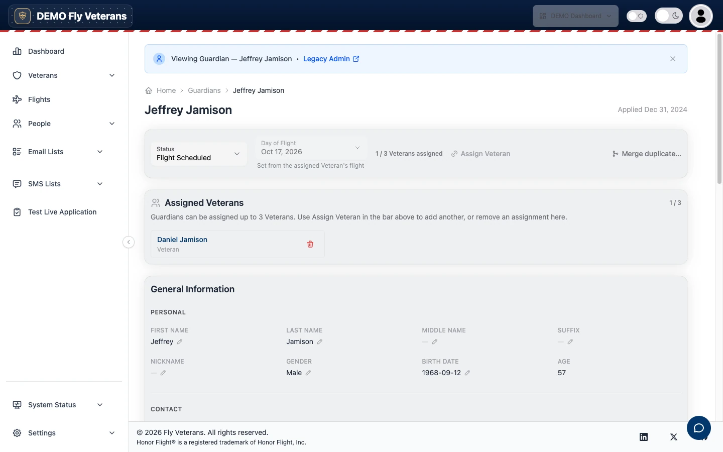 A Guardian record showing the Veterans the Guardian is assigned to
