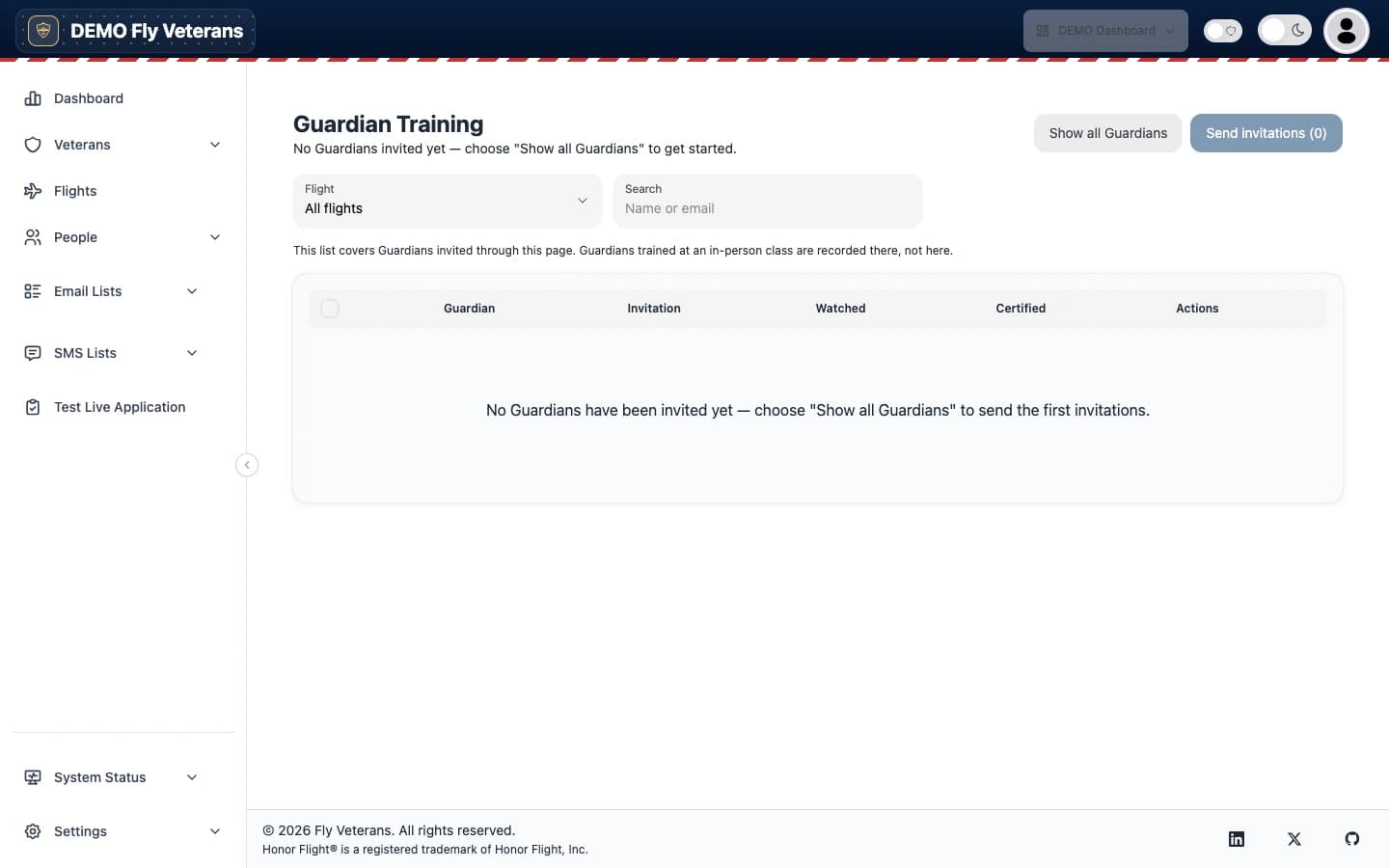 The Guardian Training roster with invitation, watched, and certified columns and a Send invitations button