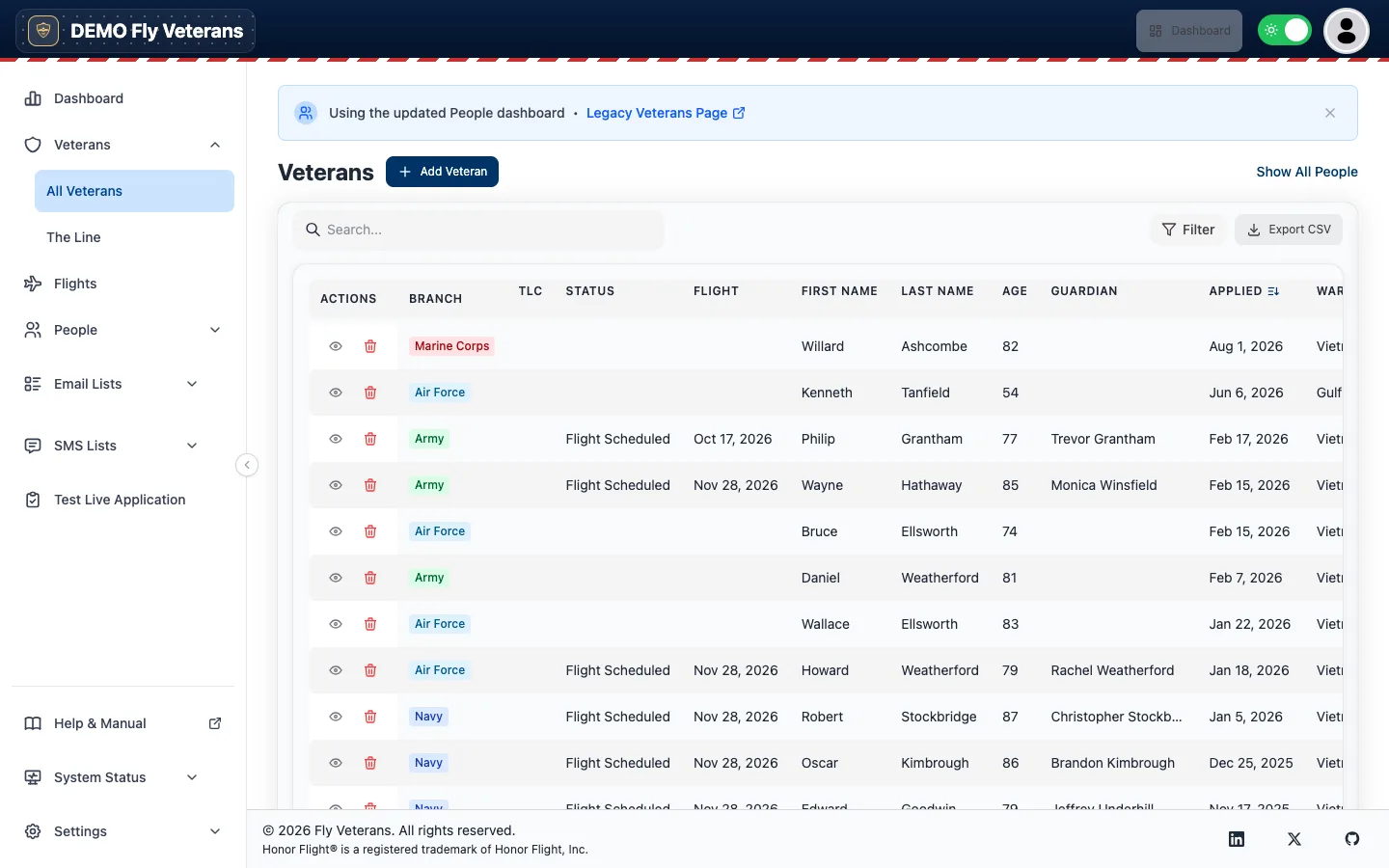 The Veterans roster with search, filter, export, and columns for branch, TLC, status, flight, name, age, Guardian, and application date