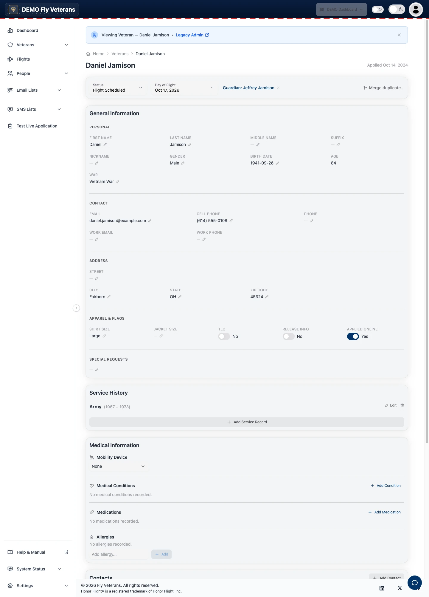 A Veteran record showing the status and Day of Flight controls, Guardian pairing, general information, service history, and medical information