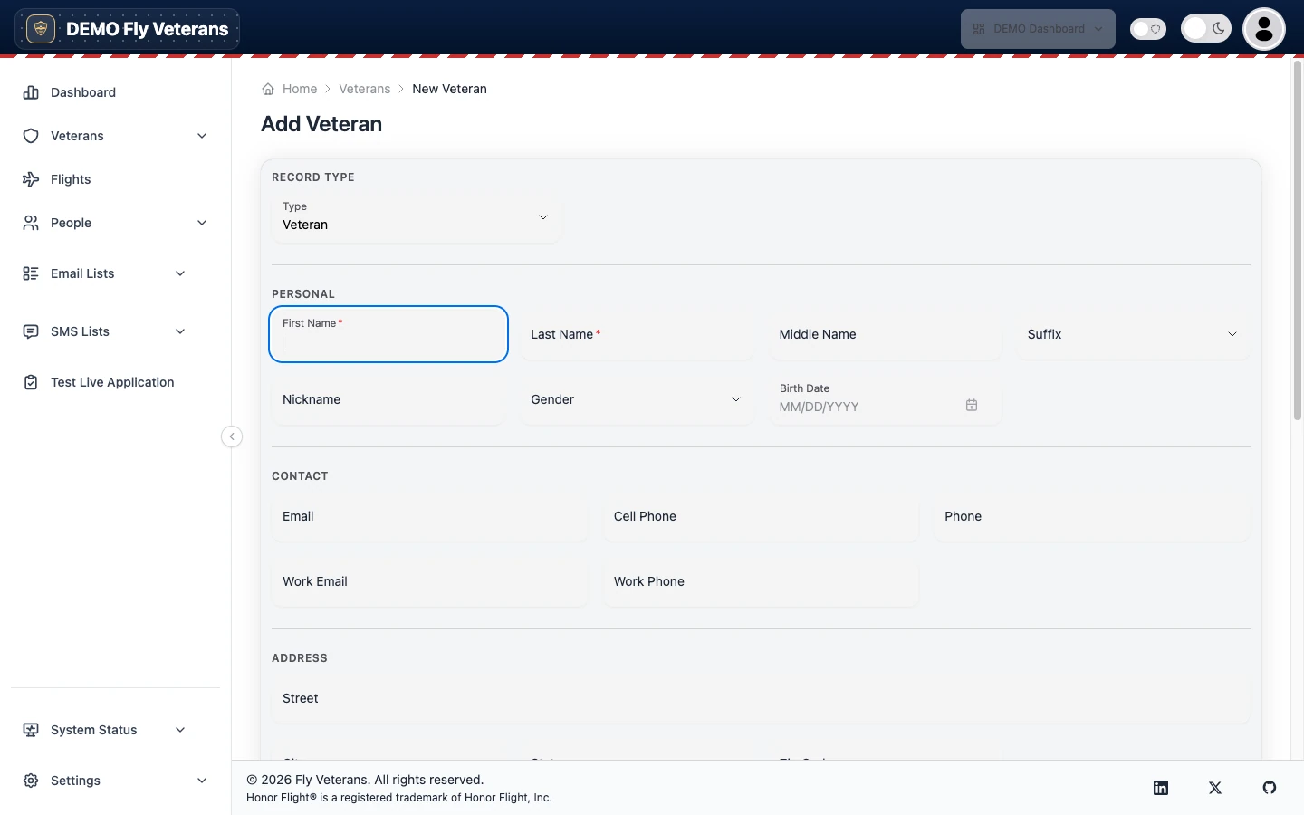 The Add Veteran form with name, contact, and application fields