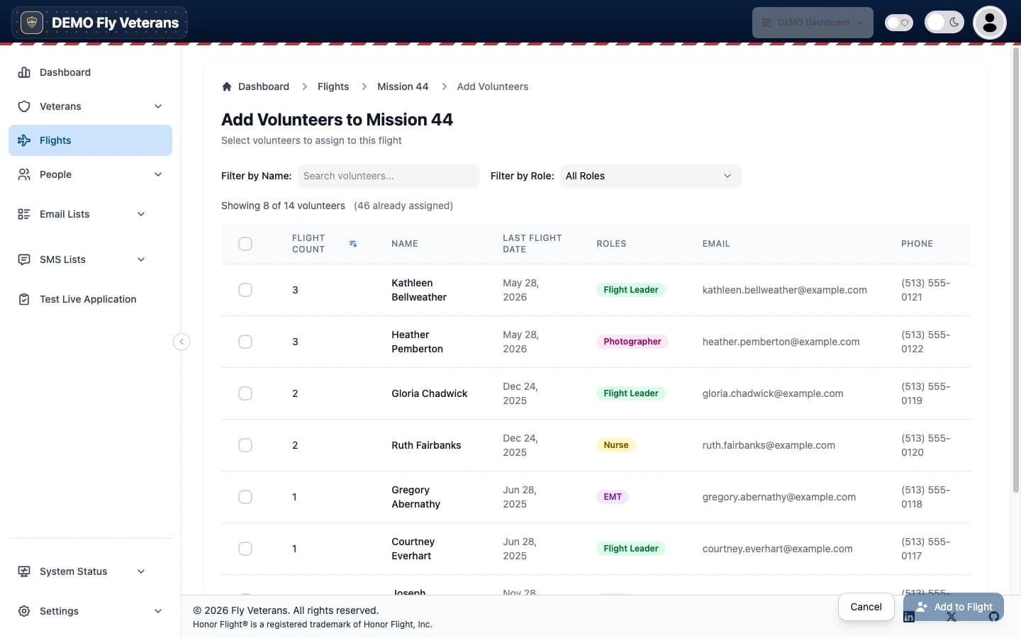 The Add Volunteers page with search, select-all, and role selection