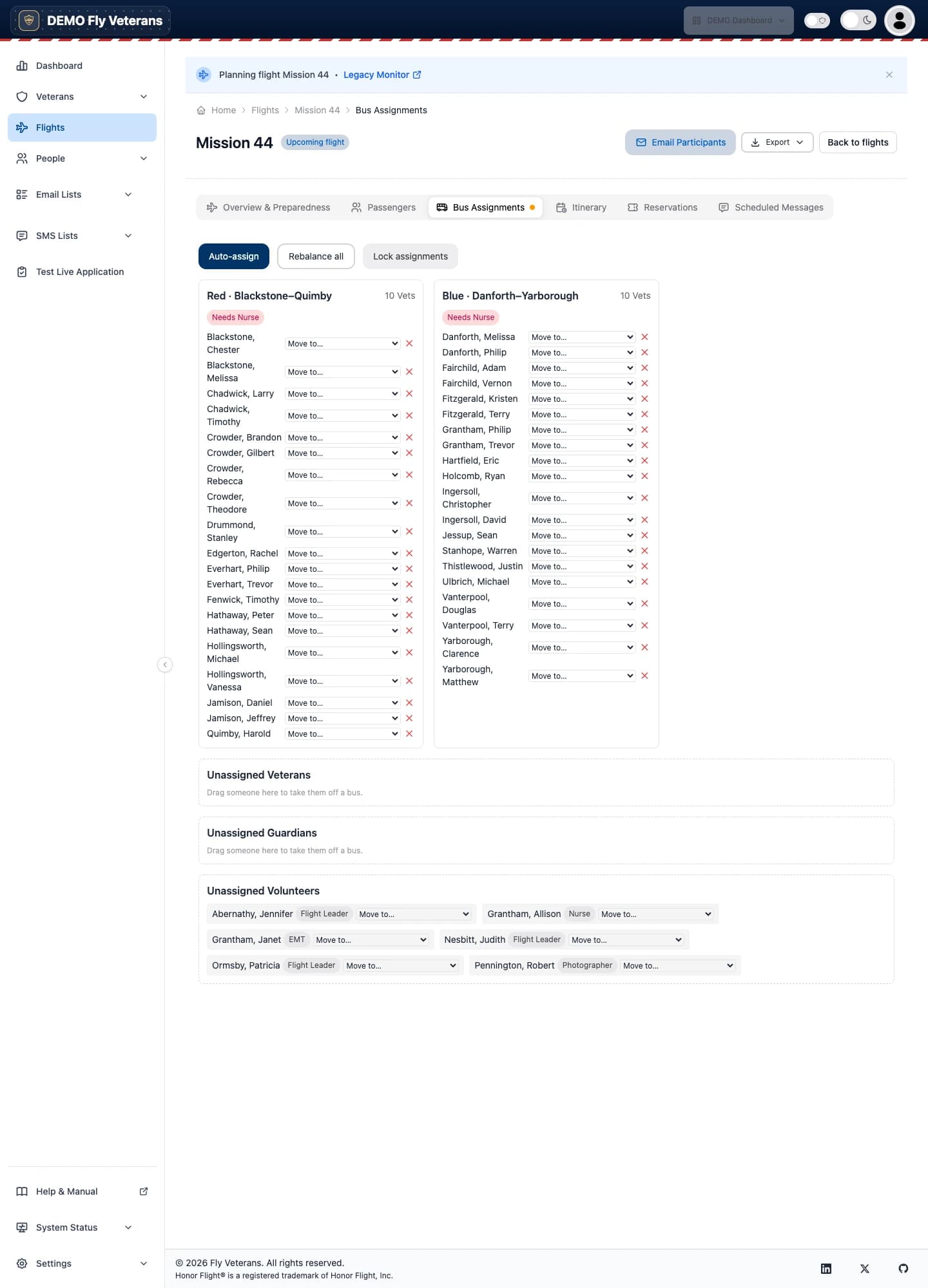 The Bus Assignments board with a lane per bus, name ranges, and the unassigned pool