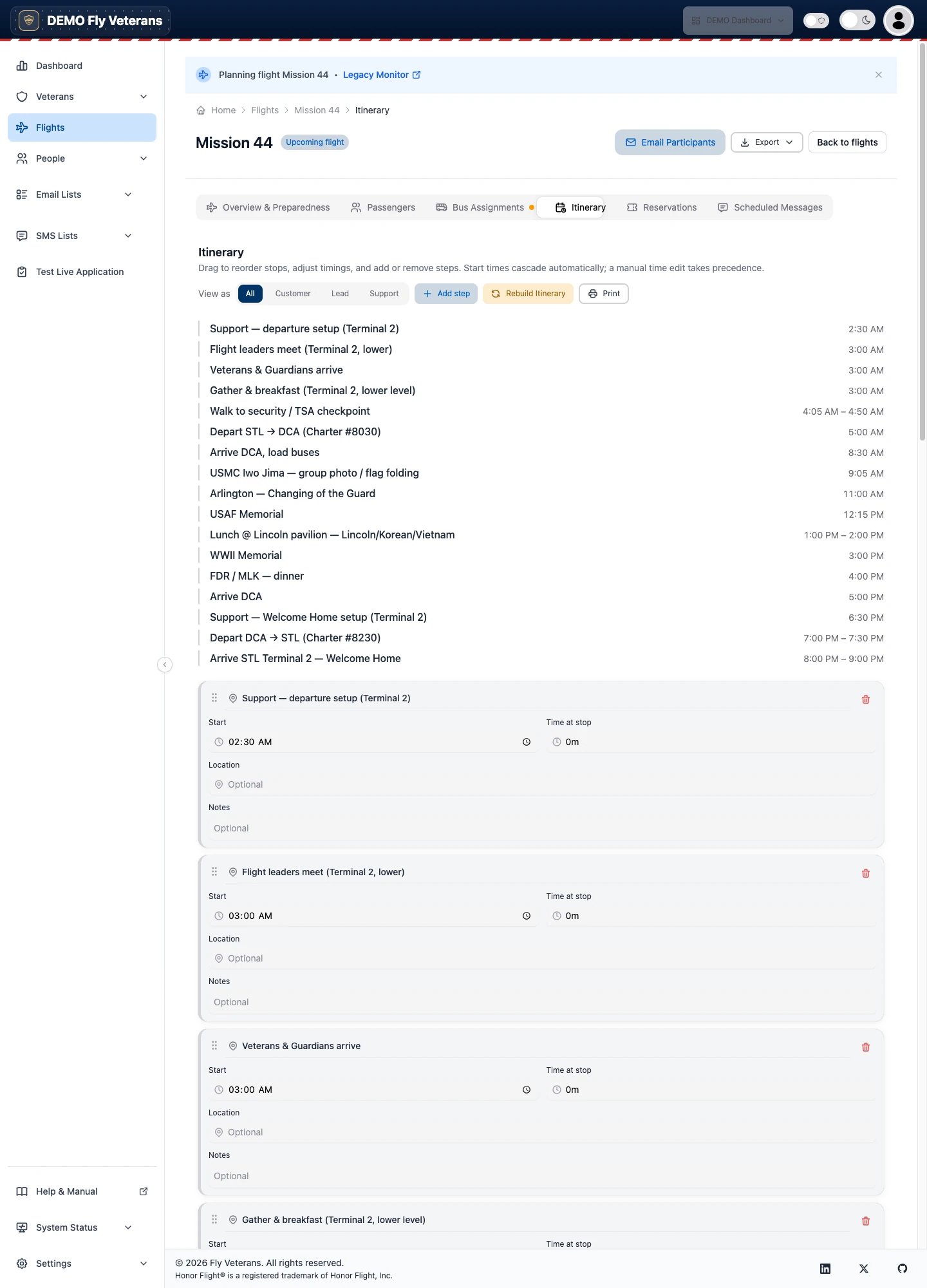 The Itinerary tab showing the day-of-flight timeline with step cards, times, durations, and locations
