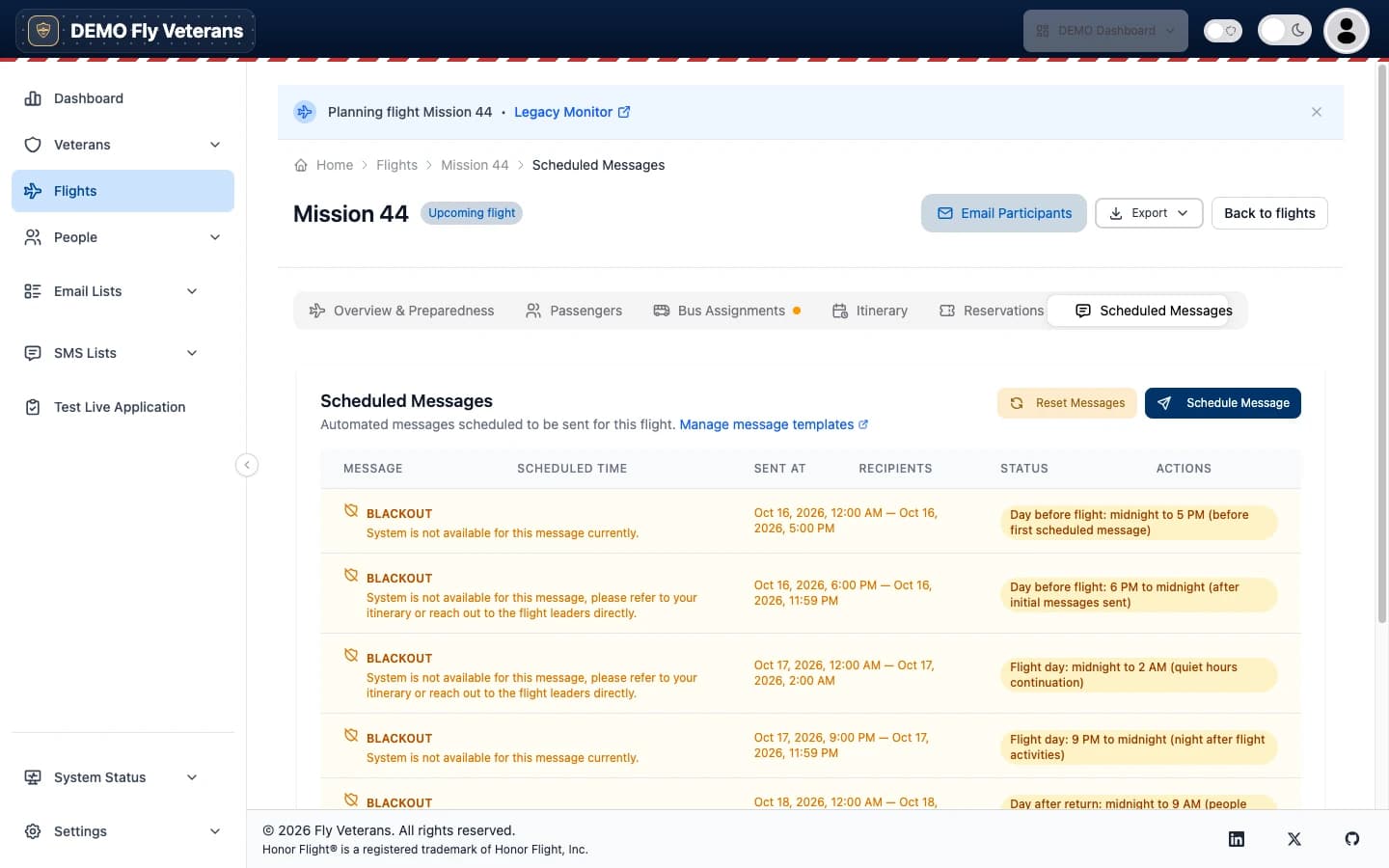 The Scheduled Messages tab listing automated flight messages with blackout windows, scheduled times, and statuses