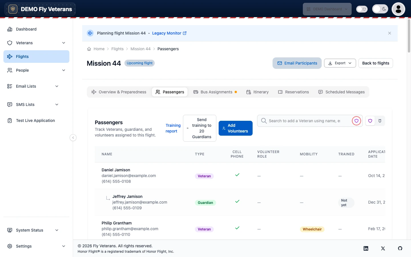 The Passengers tab listing Veterans and their Guardians with phone, role, mobility, trained status, and application date