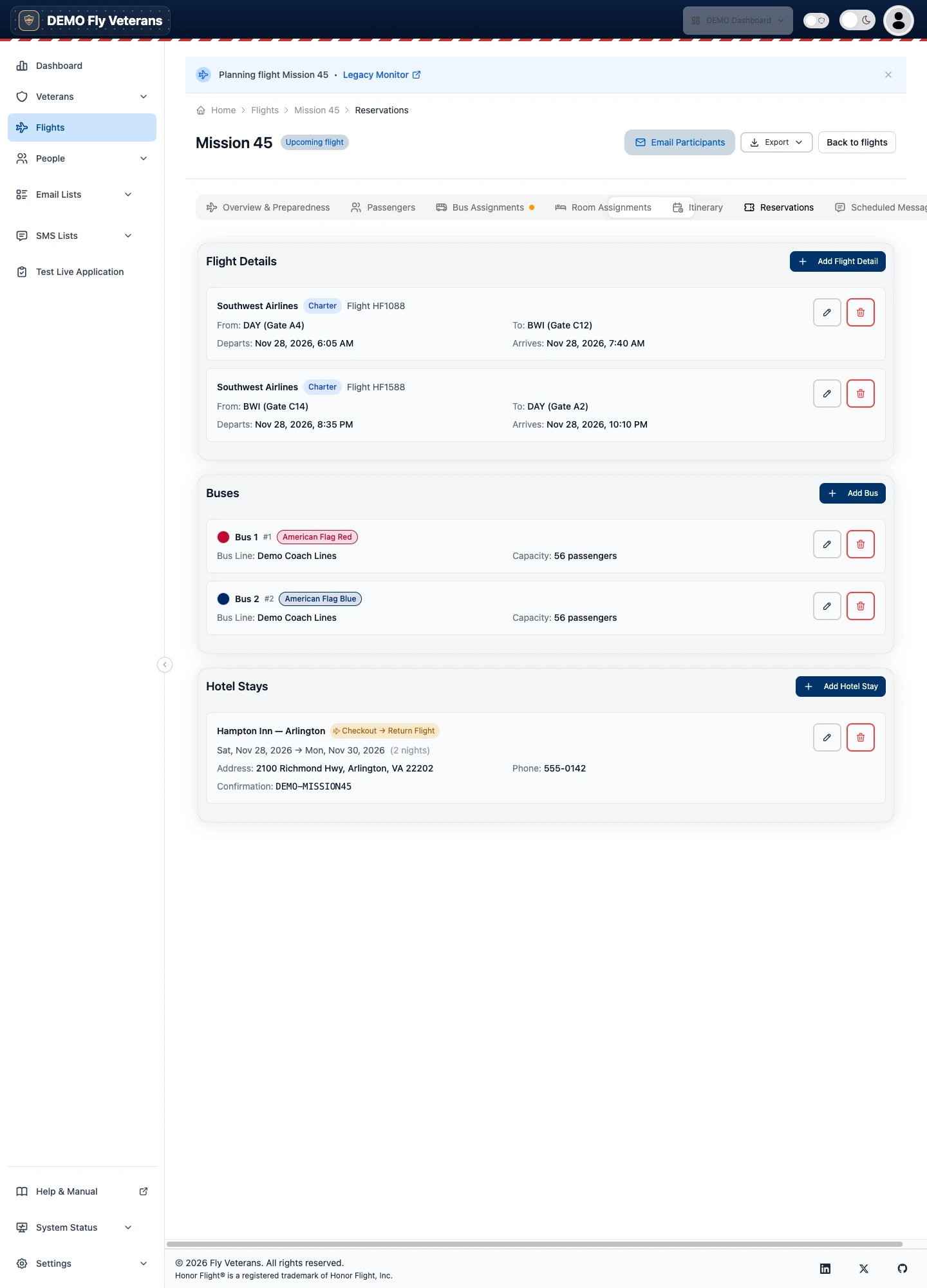 The Reservations tab with flight legs, bus reservations, and hotel stays for a multi-day flight