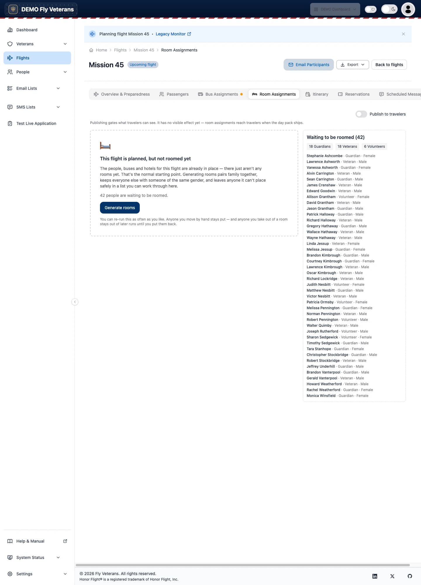 The Room Assignments tab with generated rooms, capacities, occupants, and a warnings rail