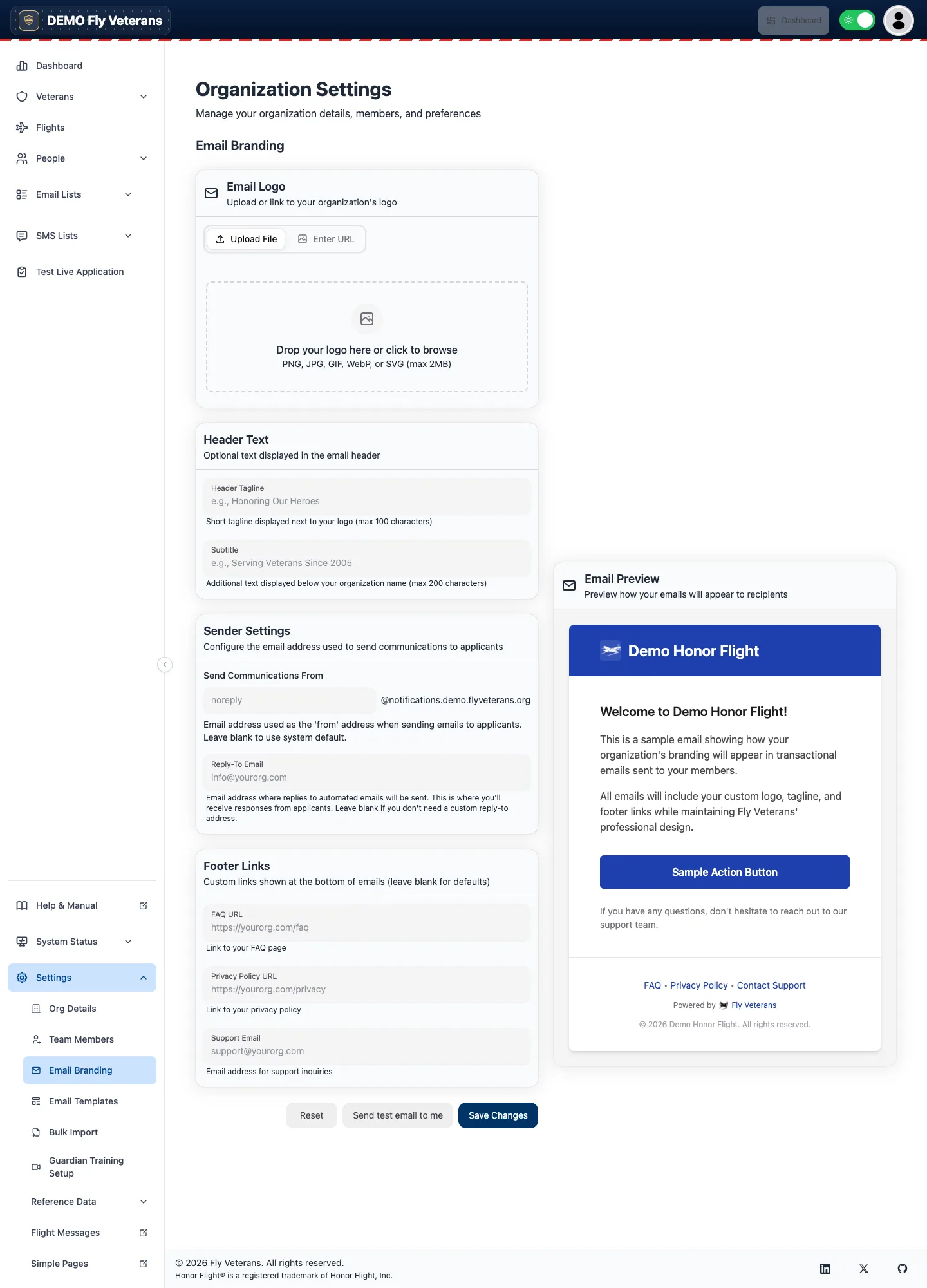 Email Branding settings with logo, header text, footer links, and sender settings
