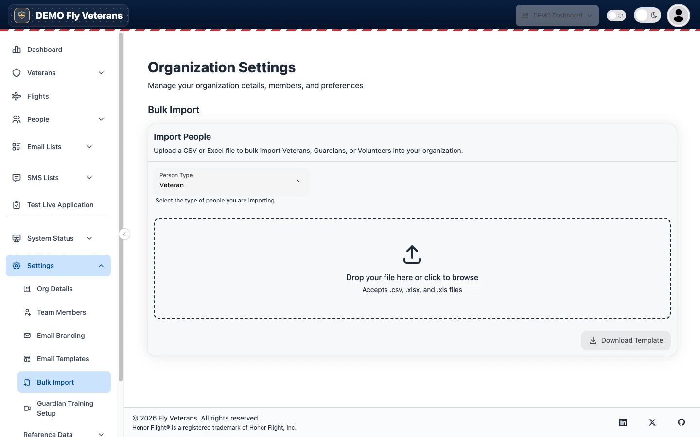 The Bulk Import wizard's first step for uploading a CSV of people