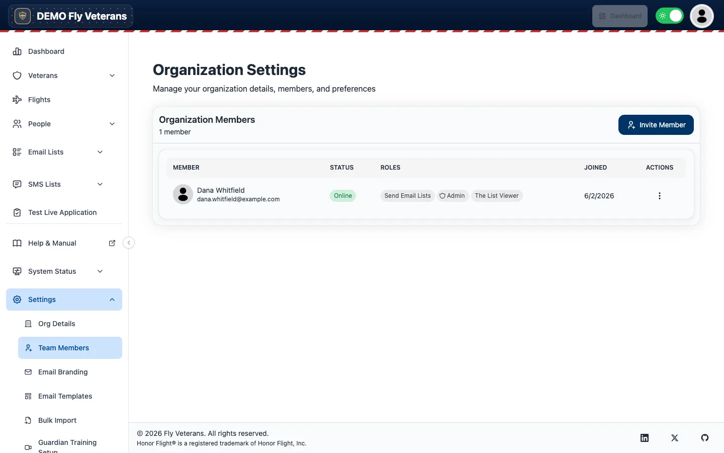 Team Members listing members with roles, status, and joined date