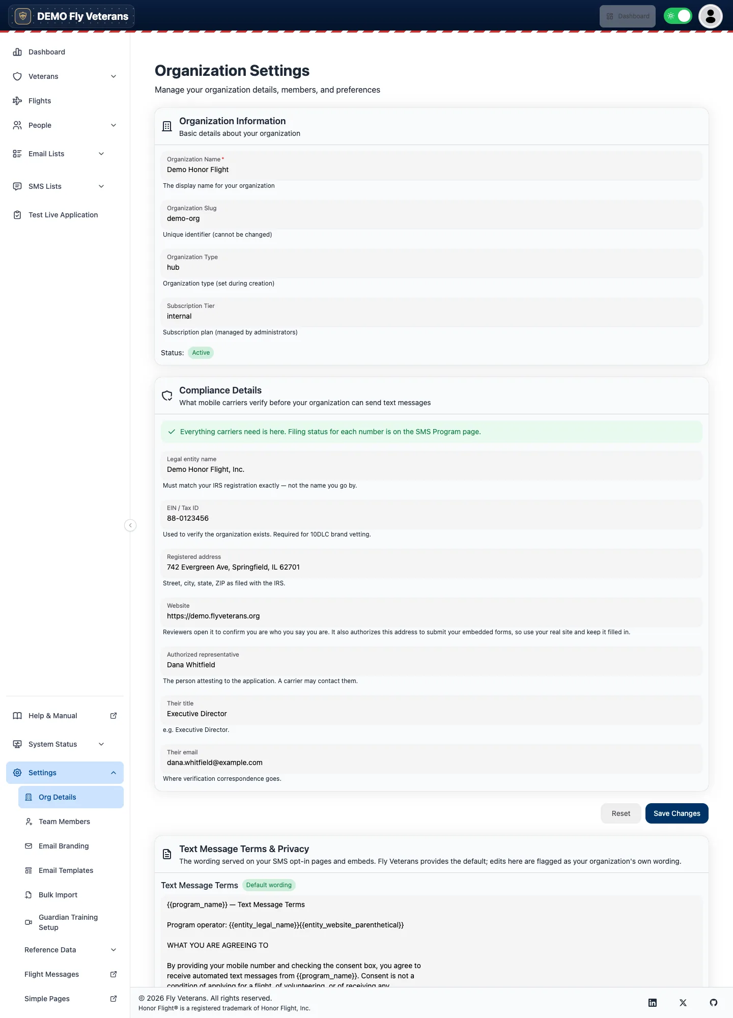 Organization Settings with Organization Information and Compliance Details sections