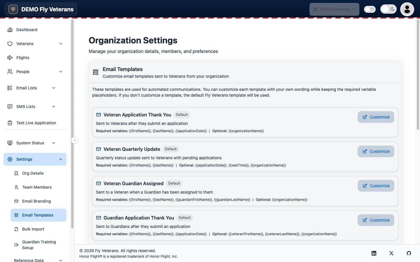Email Templates management page