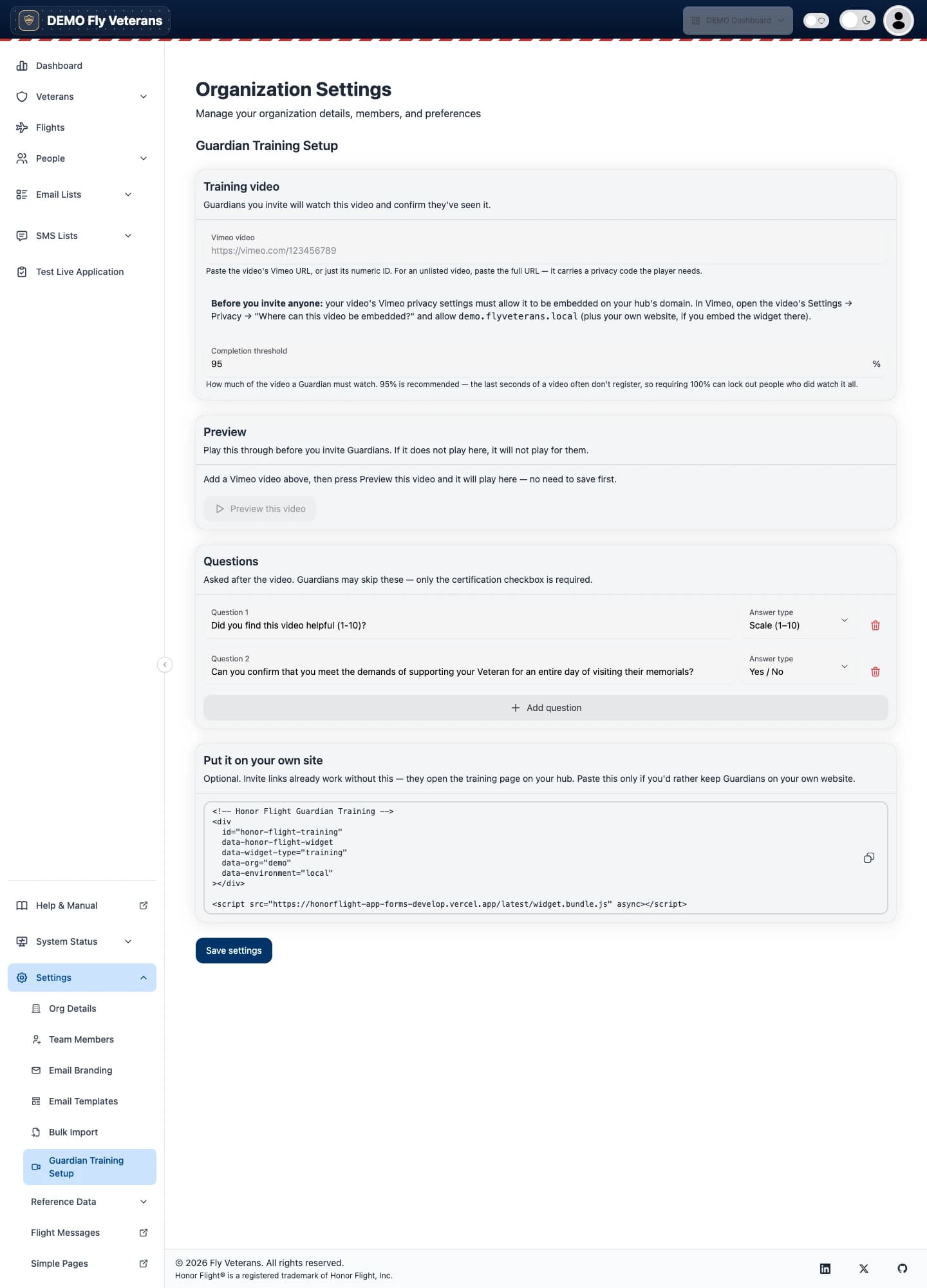 Guardian Training Setup with the video fields, preview player, completion threshold, and quiz questions