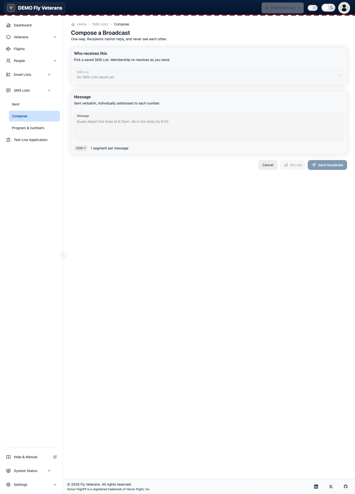 The SMS composer with the message field and the review step showing people reached, messages, and cost