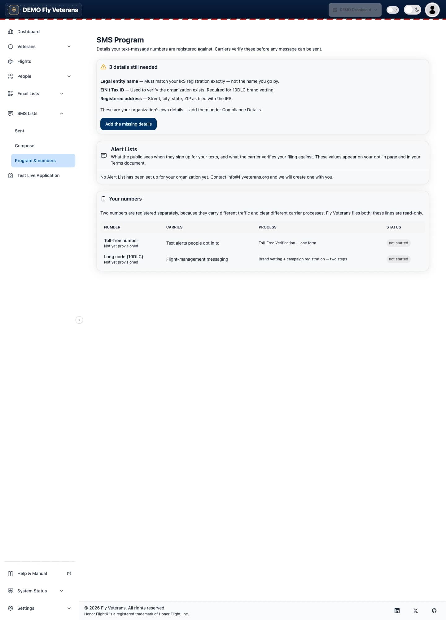 The Program and numbers page showing carrier registration status and the Alert List settings card