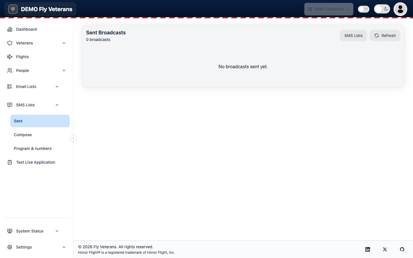 The SMS Sent page listing broadcasts with recipient counts and cost