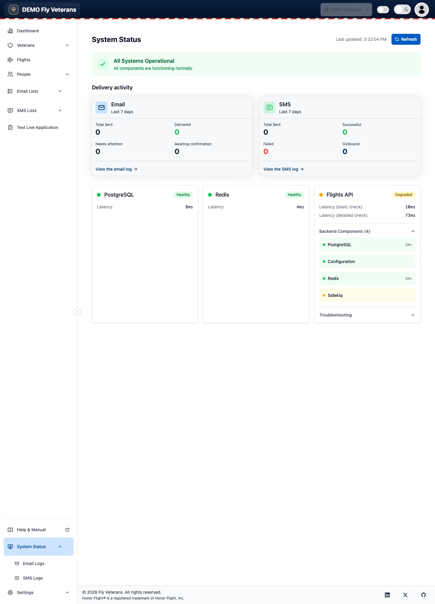 The System Status page with component health, latency, and the proxy secret check