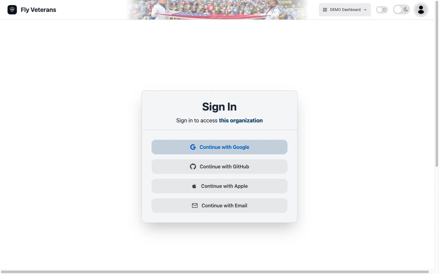The Fly Veterans sign-in page with Continue with Email and other sign-in options